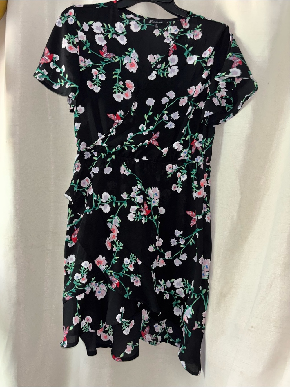 black floral w/ red bird wrap-style dress ruffle hem short sleeve semi-sheer